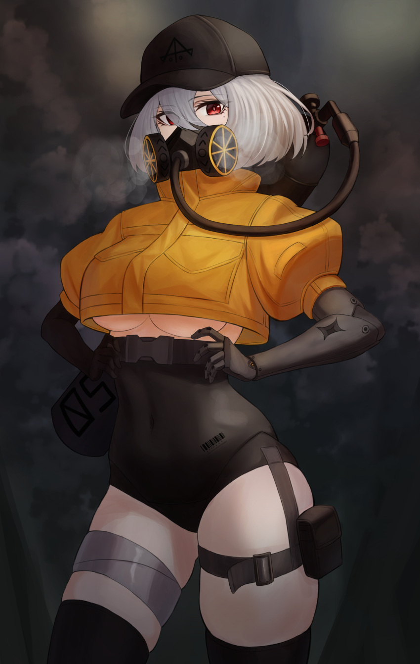 1girl absurdres angdo_(kakajo26) baseball_cap belt_pouch black_gloves black_headwear black_legwear black_shorts breasts contrapposto covered_navel cowboy_shot crop_top crop_top_overhang elbow_gloves gas_mask gloves hair_between_eyes hands_on_hips hat high_collar highres looking_at_viewer mask medium_breasts micro_shorts mole mole_under_eye original pouch puffy_sleeves red_eyes shirt short_hair short_sleeves shorts smoke solo standing thigh-highs thigh_strap thighs under_boob white_hair yellow_shirt