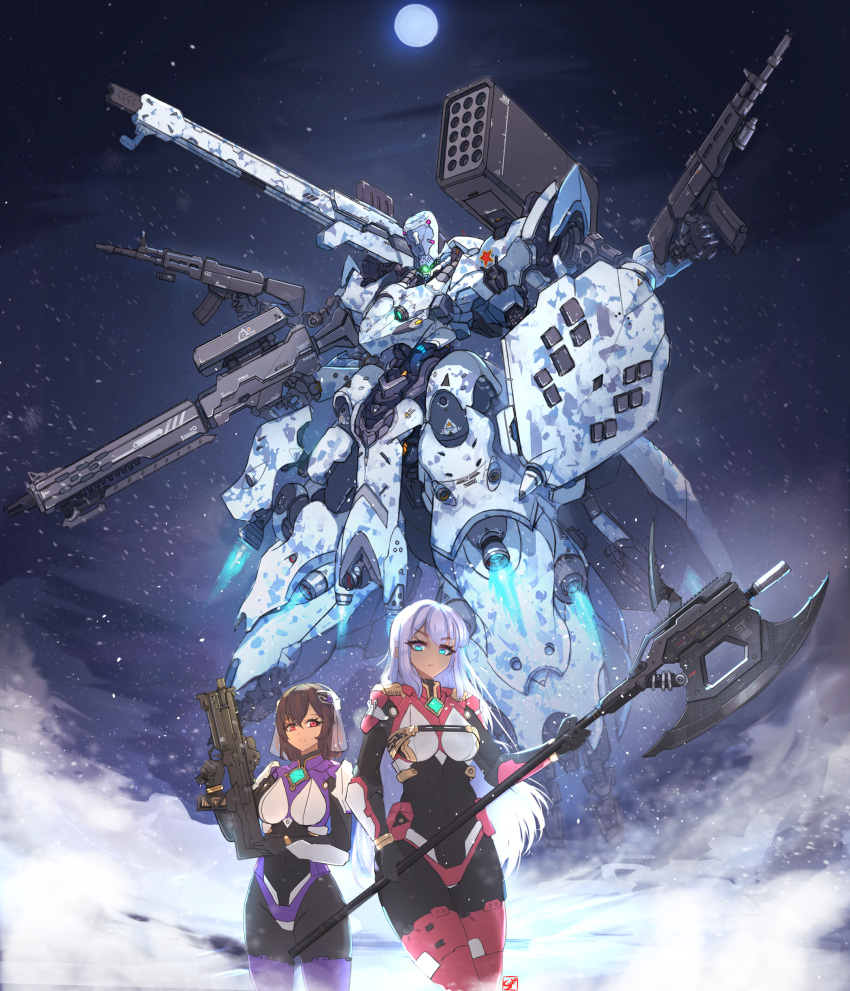 2girls absurdres axe breasts brown_hair commission dark-skinned_female dark_skin english_commentary expressionless extra_arms eyebrows_visible_through_hair glowing glowing_eye green_eyes gun highres holding holding_axe holding_gun holding_shield holding_weapon long_hair looking_at_viewer mecha medium_breasts missile_pod multiple_girls one-eyed original pilot_suit red_eyes science_fiction shield shoulder_cannon silver_hair star_(symbol) syaha v-shaped_eyebrows veil very_long_hair weapon