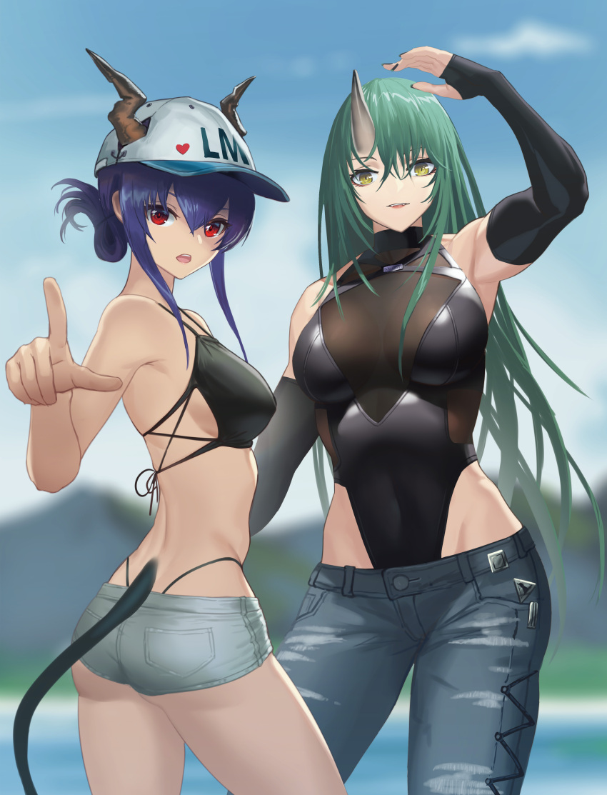 2girls absurdres arknights bangs bare_arms bare_legs bare_shoulders bikini blue_hair breasts ch'en_(arknights) denim dragon_girl dragon_horns dragon_tail elbow_gloves female_tourist_c_(arknights) fingerless_gloves food gloves green_hair hair_between_eyes hat highres horns hoshiguma_(arknights) jeans long_hair looking_at_viewer looking_back multiple_girls oni_horns onigiri open_mouth pants peaked_cap pointing red_eyes short_hair shorts single_horn smile stomach swimsuit tail torn_clothes torn_legwear yellow_eyes yoshimitsu_kataha