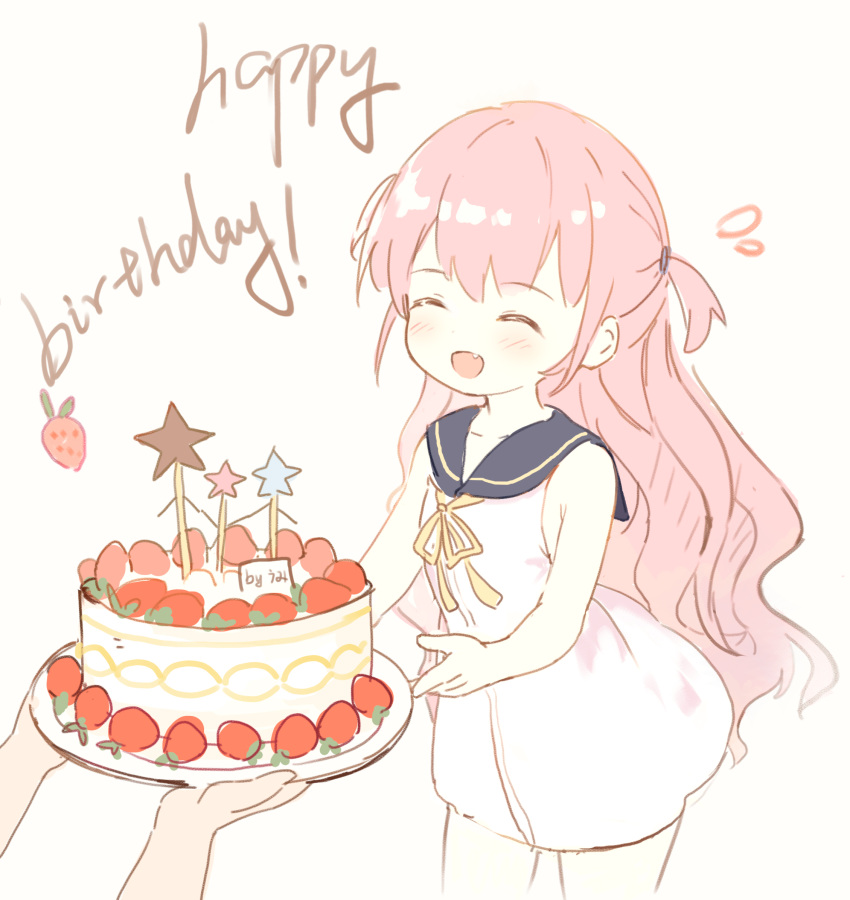 1girl 1other :d ^_^ bangs bare_arms bare_shoulders birthday_cake black_sailor_collar blush brown_background cake closed_eyes dress eyebrows_visible_through_hair fang flying_sweatdrops food fruit happy_birthday highres holding holding_plate katou_umi leilin long_hair neck_ribbon pink_hair plate ribbon sailor_collar sailor_dress simple_background sleeveless sleeveless_dress smile solo_focus star_(symbol) strawberry summer_pockets two_side_up very_long_hair white_dress yellow_ribbon