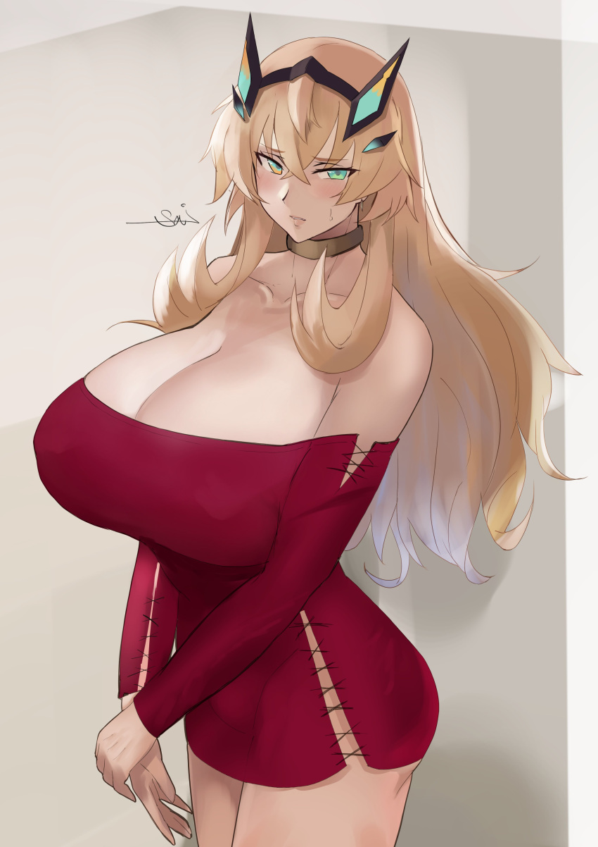 1girl absurdres aya_roushi bangs blonde_hair breasts choker curvy embarrassed fairy_knight_gawain_(fate) fate/grand_order fate_(series) green_eyes highres horns huge_breasts lips long_hair looking_at_viewer thick_thighs thighs