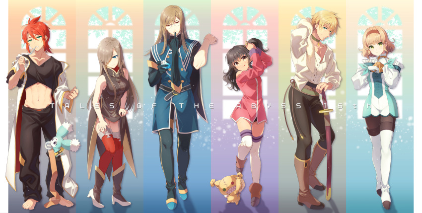 3boys 3girls absurdres adjusting_clothes adjusting_hair anise_tatlin belt belt_removed black_hair blonde_hair boots brown_hair crop_top dress dressing garter_straps guy_cecil hair_over_one_eye highres jade_curtiss luke_fon_fabre midriff mieu multiple_boys multiple_girls natalia_luzu_kimlasca_lanvaldear navel off_shoulder redhead shuragyoku_mami smile stomach sword tales_of_(series) tales_of_the_abyss tear_grants thigh-highs tokunaga toothbrush toothbrush_in_mouth weapon