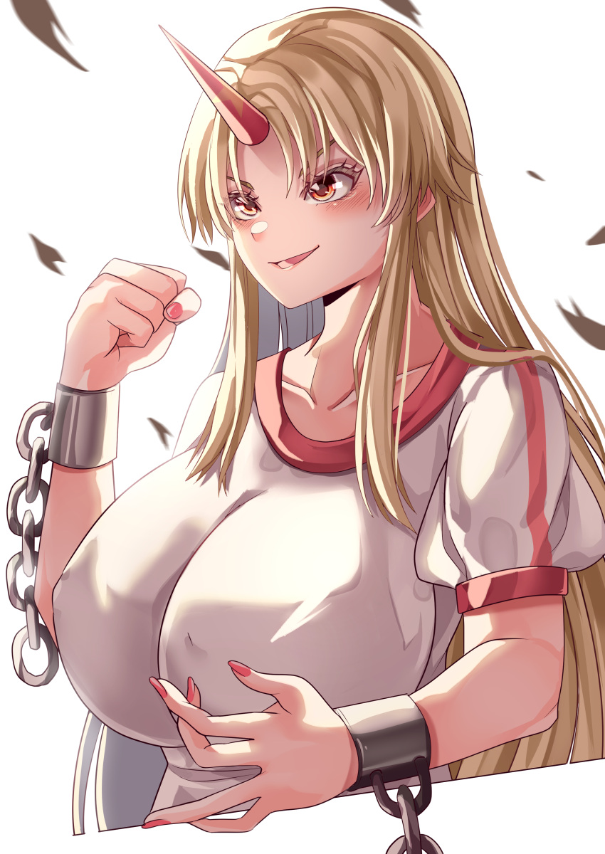 1girl absurdres alternate_eye_color bangs blonde_hair breasts chain clenched_hand covered_nipples cuffs fingernails from_side highres horns hoshiguma_yuugi huge_breasts long_hair maboroshi_mochi open_hand orange_eyes parted_bangs raised_fist red_nails shackles sharp_fingernails shirt short_sleeves single_horn solo star_(symbol) star_print touhou upper_body very_long_hair white_shirt