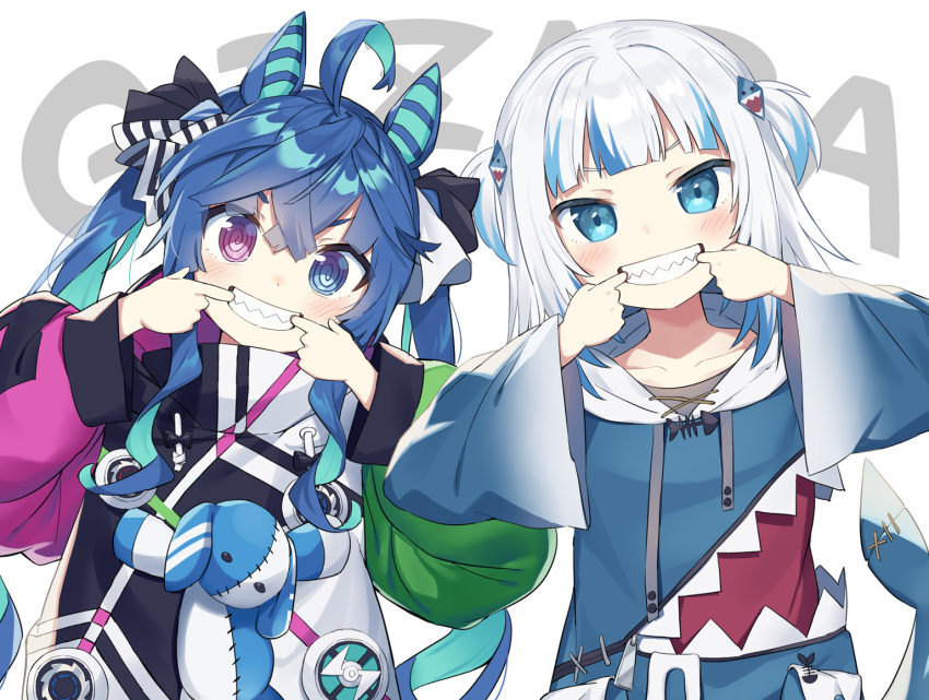 2girls @_@ ahoge animal_ears background_text bangs blue_eyes blue_hair blue_hoodie collarbone commentary_request crossover drawstring eyebrows_behind_hair finger_in_mouth fish_tail gawr_gura grin hair_between_eyes hololive hololive_english hood hood_down hoodie horse_ears jacket long_hair long_sleeves looking_at_viewer mouth_pull multicolored_hair multiple_girls puffy_long_sleeves puffy_sleeves shark_tail sharp_teeth silver_hair smile streaked_hair stuffed_animal stuffed_bunny stuffed_toy tail teeth twin_turbo_(umamusume) twintails two-tone_hair two_side_up umamusume upper_body v-shaped_eyebrows very_long_hair violet_eyes virtual_youtuber wagashi928 white_background white_jacket wide_sleeves