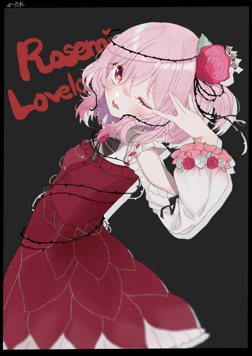 1girl absurdres arm_cutout bangs black_bow blush bow breasts brown_eyes character_name dress from_side head_tilt heart heart_in_eye highres kagenone looking_at_viewer medium_hair nijisanji nijisanji_en one_eye_closed open_mouth plant red_dress rosemi_lovelock short_sidetail small_breasts solo symbol_in_eye thorns vines virtual_youtuber w
