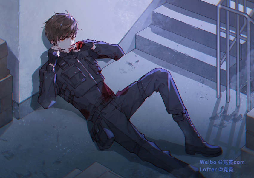 1boy bai_qi_(love_and_producer) bangs black_footwear black_gloves black_shirt black_vest blood blood_on_clothes boots brown_eyes brown_hair fingerless_gloves gloves highres indoors long_sleeves love_and_producer lying male_focus military military_uniform on_back rabbitcamilla shirt short_hair solo stairs uniform vest