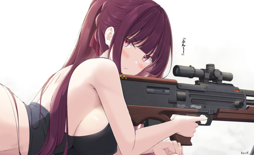 1girl :/ artist_name back bangs blunt_bangs blush breasts bullpup closed_mouth covered_nipples from_side girls_frontline gun highres holding holding_gun holding_weapon jewelry keenh large_breasts long_hair looking_at_viewer looking_to_the_side lying on_stomach ponytail purple_hair rifle ring scope sideboob simple_background sniper_rifle solo trigger_discipline tsundere upper_body v-shaped_eyebrows violet_eyes wa2000_(girls'_frontline) walther walther_wa_2000 weapon white_background