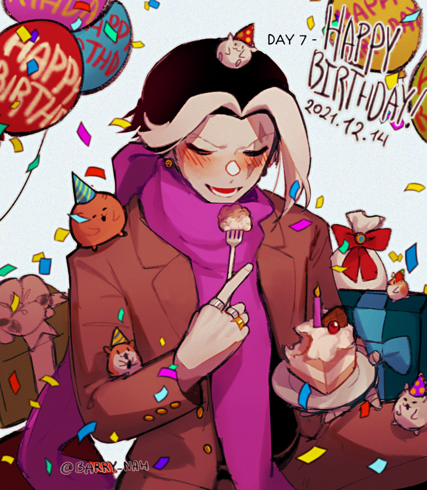 1boy animal_on_head animal_on_shoulder bangs barry_nah black_hair blush bow brown_jacket cake cake_slice cham-p danganronpa_(series) danganronpa_3_(anime) dated eating food gift grey_background grey_hair hamster happy_birthday highres holding holding_plate jacket jewelry jum-p lower_teeth maga-g male_focus multicolored_hair on_head pink_scarf plate red_bow ring scarf short_hair simple_background strawberry_shortcake sun-d tanaka_gandamu teeth twitter_username