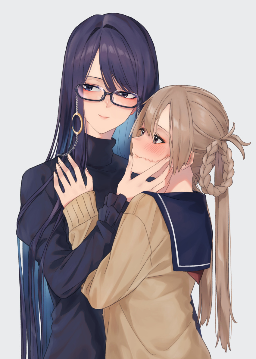 2girls absurdres banana_oekaki black_hair blush braid brown_hair earrings glasses hair_rings hand_on_another's_cheek hand_on_another's_face height_difference highres jewelry light_smile long_hair multiple_girls scar scar_on_face school_uniform simple_background stitched_face upper_body urasekai_picnic uruma_satsuki urumi_luna