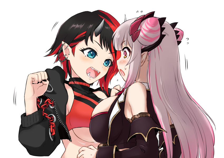 2girls bangs black_hair black_jacket black_nails black_sleeves black_sports_bra blue_eyes blush breast_contest breast_press breasts brown_eyes chain commentary_request cropped_jacket demon_girl demon_horns detached_sleeves ear_chain ear_piercing eyebrows_visible_through_hair grey_hair hair_cones highres honey_strap horns jacket jyaco large_breasts long_hair looking_down multicolored_hair multiple_girls nail_polish necktie open_clothes open_jacket open_mouth outline piercing pink_hair pointy_ears red_necktie red_sports_bra redhead ryugasaki_rene shirt short_hair simple_background sleeveless sleeveless_shirt sports_bra streaked_hair sugar_lyric suou_patra symmetrical_docking transparent_background two-tone_hair under_boob upper_body virtual_youtuber zipper