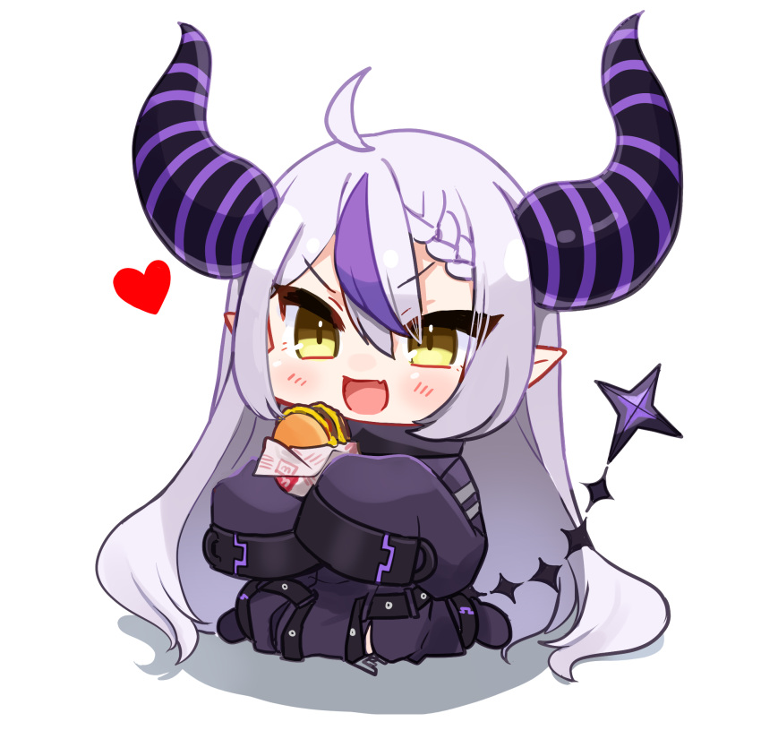 1girl :d ahoge bangs blush burger chibi commentary_request demon_horns dress eating eyebrows_visible_through_hair food full_body hair_between_eyes heart highres holding holding_food hololive horns la+_darknesss long_hair long_sleeves pointy_ears purple_dress shinomiya_shino_(sinosino141) silver_hair simple_background sleeves_past_fingers sleeves_past_wrists smile solo tail tail_raised v-shaped_eyebrows very_long_hair virtual_youtuber white_background yellow_eyes