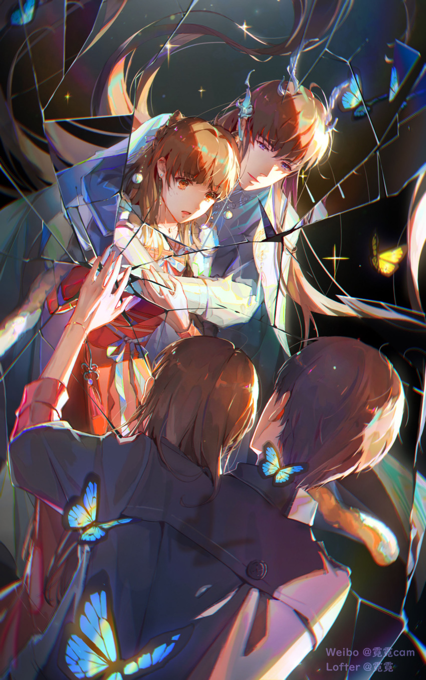 1boy 1girl absurdres bai_qi_(love_and_producer) bangs blue_butterfly broken_mirror brown_eyes brown_hair bug butterfly closed_mouth dress highres hug hug_from_behind long_hair long_sleeves love_and_producer mirror open_mouth protagonist_(love_and_producer) rabbitcamilla red_dress reflection short_hair sleeves_past_elbows yellow_butterfly