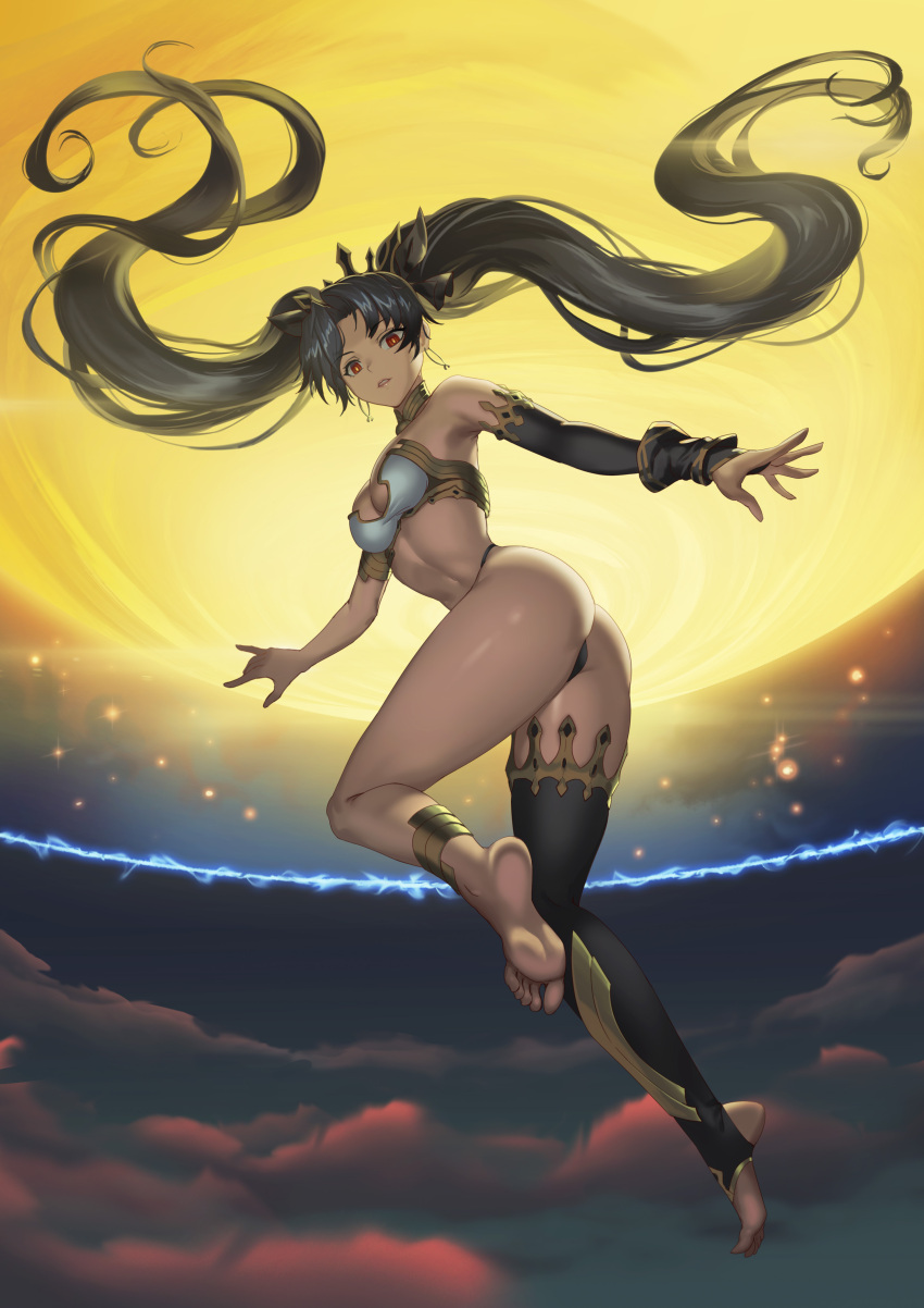 1girl absurdres ass bangs bare_shoulders barefoot bikini black_hair black_legwear breasts crown fate/grand_order fate_(series) feet floating floating_hair highres ishtar_(fate) long_hair looking_at_viewer looking_back looking_down red_eyes sky solo swimsuit thigh-highs twintails yoshimitsu_kataha