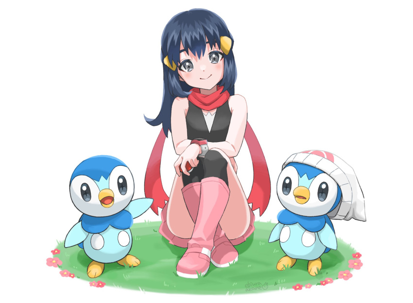 +_+ 1girl bangs black_hair black_legwear black_shirt blush boots closed_mouth commentary_request crossed_ankles ebiura_akane grass grey_eyes hair_ornament hairclip hatted_pokemon highres hikari_(pokemon) holding holding_poke_ball kneehighs long_hair pink_footwear piplup poke_ball poke_ball_(basic) pokemon pokemon_(creature) pokemon_(game) pokemon_dppt poketch red_scarf scarf shirt sitting sleeveless sleeveless_shirt smile watch watch