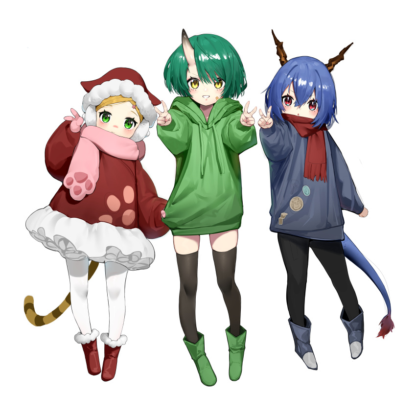 3girls :d :o absurdres ankle_boots arknights arm_at_side bandaid bandaid_on_cheek bangs black_legwear blonde_hair blue_footwear blue_hair blue_sweater blush bob_cut boots ch'en_(arknights) child clothes_grab cool_est double_v dragon_horns dragon_tail drawstring dress earmuffs full_body fur-tipped_tail fur_trim gloves green_eyes green_footwear green_hair green_hoodie hair_between_eyes hair_ornament hairclip hand_up hat highres hood hood_down hoodie horns hoshiguma_(arknights) lineup long_hair long_sleeves looking_at_viewer multiple_girls oni_horns outstretched_arm outstretched_arms pantyhose paw_print pigeon-toed pink_gloves pink_scarf print_dress print_scarf red_dress red_eyes red_footwear red_scarf santa_hat scarf short_hair short_sleeves side-by-side simple_background single_horn skindentation smile standing star_(symbol) star_hair_ornament sweater swire_(arknights) tail thigh-highs tiger_tail v white_background white_legwear younger