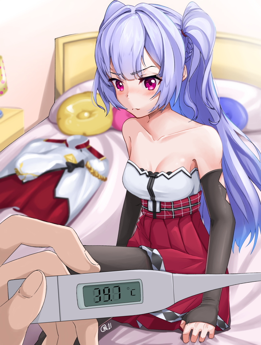 1girl absurdres ajax_(azur_lane) azur_lane bangs bare_shoulders bed black_legwear blush braid breasts closed_mouth collarbone commission dress eyebrows_visible_through_hair hair_ornament hairclip highres kuro_0129 long_hair looking_at_viewer pantyhose pov purple_hair red_skirt room simple_background sitting skirt small_breasts solo thermometer violet_eyes