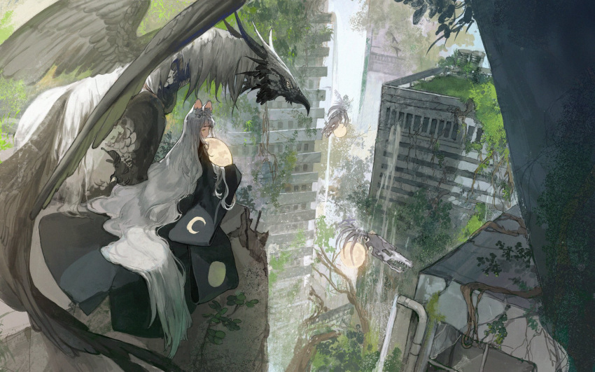 1girl absurdly_long_hair animal_ear_fluff animal_ears animal_skull bangs black_kimono building crescent_print fantasy grey_hair griffin highres holding japanese_clothes kimono kurii89800727 long_hair long_sleeves moon orb original outdoors overgrown plant ruins sitting skyscraper sleeves_past_fingers sleeves_past_wrists solo tree very_long_hair vines wide_sleeves yellow_eyes