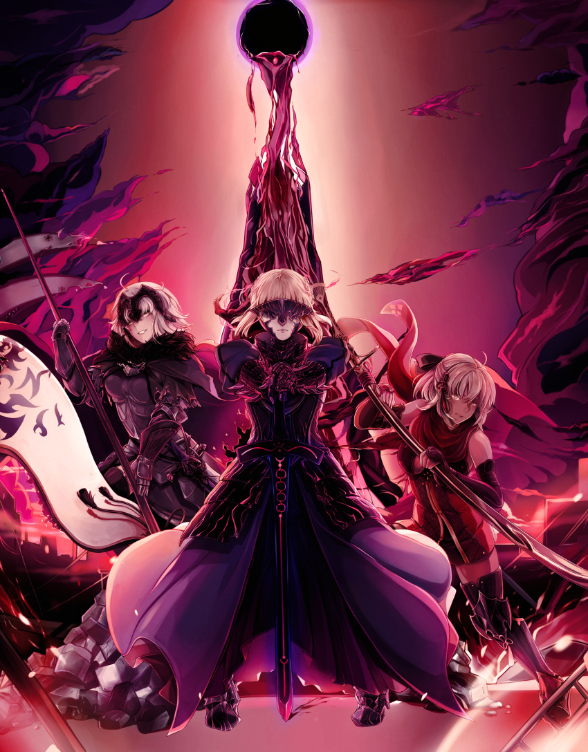 3girls absurdres ahoge armor armored_dress artoria_pendragon_(fate) bangs dark-skinned_female dark_skin fate/grand_order fate_(series) flag headpiece highres holding holding_flag holding_sword holding_weapon japanese_clothes jeanne_d'arc_(alter)_(fate) jeanne_d'arc_(fate) katana long_hair looking_at_viewer multiple_girls okita_souji_(alter)_(fate) okita_souji_(fate) rlf_00 saber_alter scarf short_hair silver_hair smile sword weapon yellow_eyes