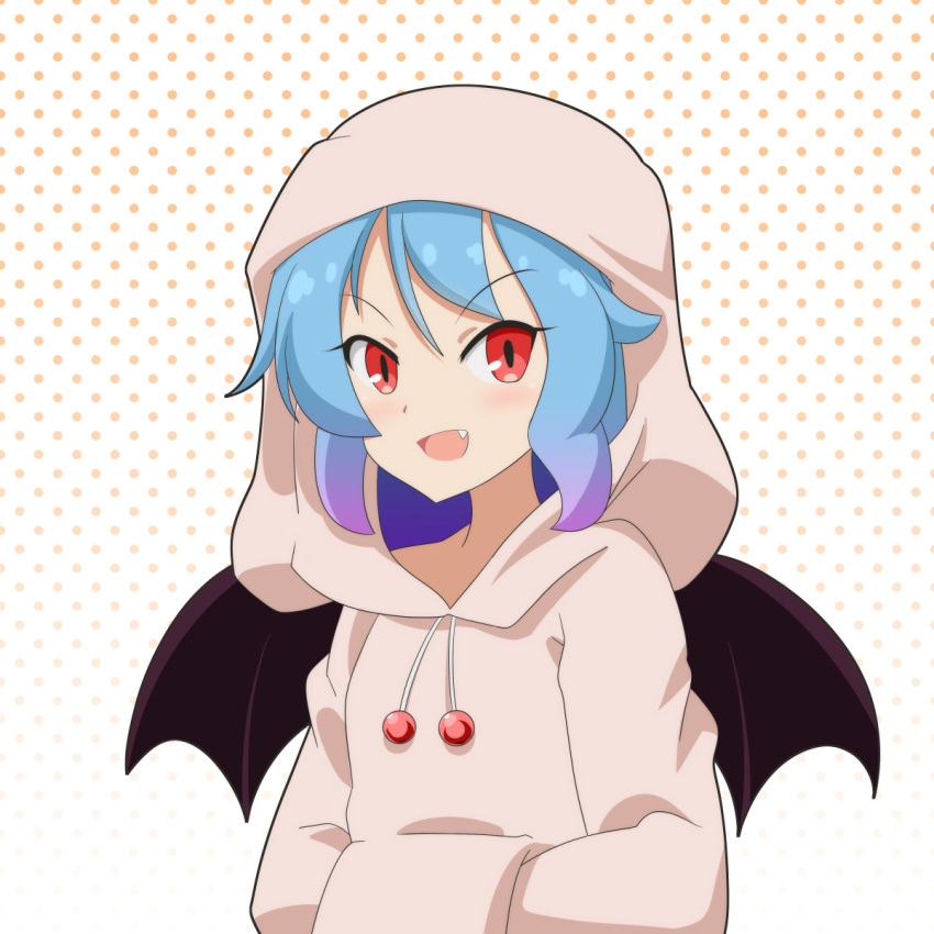 1girl :d alternate_costume bangs bat_wings blue_hair cato_(monocatienus) commentary_request contemporary drawstring fang gradient_hair halftone halftone_background hands_in_pockets highres hood hood_up hoodie multicolored_hair pink_hoodie purple_hair red_eyes remilia_scarlet simple_background smile solo touhou upper_body v-shaped_eyebrows wings