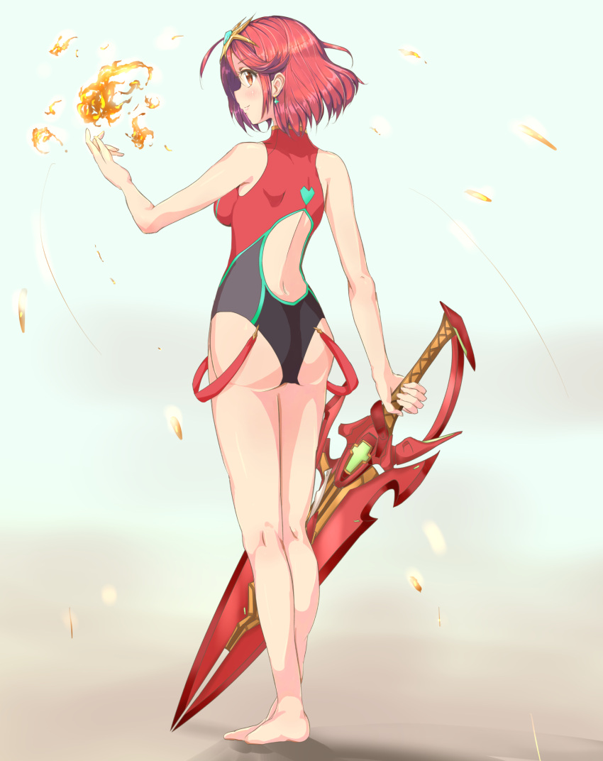 1girl agnus-dei bangs black_swimsuit competition_swimsuit covered_collarbone covered_navel gem headpiece highres one-piece_swimsuit pyra_(pro_swimmer)_(xenoblade) pyra_(xenoblade) red_eyes red_swimsuit redhead ribbed_swimsuit short_hair strapless strapless_swimsuit swept_bangs swimsuit tiara two-tone_swimsuit xenoblade_chronicles_(series) xenoblade_chronicles_2