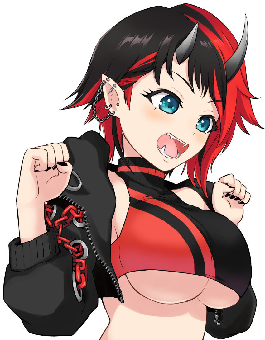 1girl bangs black_hair black_jacket black_nails black_sports_bra blue_eyes blush breasts chain commentary_request cropped_jacket demon_girl demon_horns ear_chain ear_piercing highres horns jacket jyaco large_breasts looking_down multicolored_hair nail_polish open_clothes open_jacket open_mouth piercing pointy_ears red_sports_bra redhead ryugasaki_rene short_hair simple_background solo sports_bra sugar_lyric transparent_background two-tone_hair under_boob virtual_youtuber zipper
