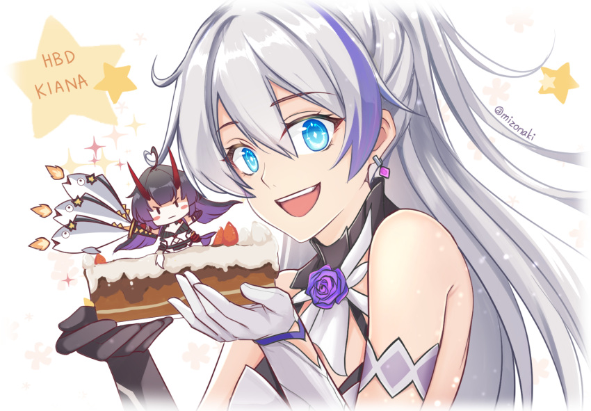 1girl :d artist_name asymmetrical_gloves bangs bare_shoulders black_gloves blue_eyes cake character_name earrings food gloves hair_between_eyes happy_birthday highres holding holding_food honkai_(series) honkai_impact_3rd jewelry kiana_kaslana kiana_kaslana_(herrscher_of_flamescion) long_hair mismatched_gloves mizonaki open_mouth ponytail raiden_mei raiden_mei_(herrscher_of_thunder) smile solo star_(symbol) white_gloves white_hair