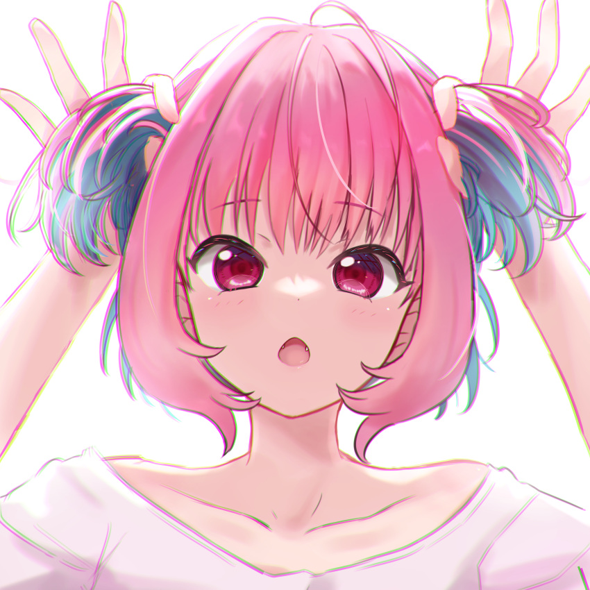 1girl absurdres alternate_hairstyle arms_up bangs blue_hair chromatic_aberration collarbone commentary eyebrows_visible_through_hair hair_intakes highres holding holding_hair idolmaster idolmaster_cinderella_girls kamiyaminatsu looking_at_viewer multicolored_hair open_mouth pink_eyes pink_hair shirt short_hair simple_background solo two-tone_hair two_side_up upper_body yumemi_riamu