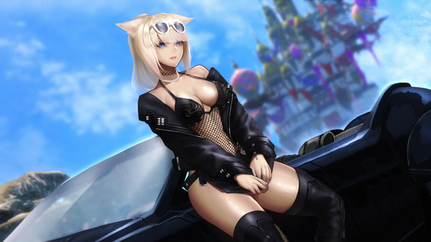 1girl absurdres animal_ears avatar_(ffxiv) bangs blonde_hair blue_eyes blurry blurry_background breasts car cat_ears cat_tail choker day dutch_angle eyewear_on_head final_fantasy final_fantasy_xiv fishnet_top fishnets ground_vehicle highres jacket jewelry medium_breasts miqo'te motor_vehicle necklace open_clothes open_jacket outdoors pearl_necklace regalia_(final_fantasy) short_hair short_ponytail solo sunglasses tail thigh-highs zeri_(zeristudio)