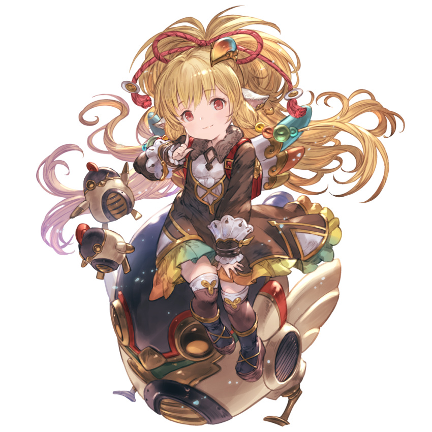 1girl animal_ears bangs bare_shoulders bird blonde_hair boots breasts chibi chicken earrings eyebrows_visible_through_hair granblue_fantasy hair_ornament harvin jewelry knee_boots long_hair looking_at_viewer machine mahira_(granblue_fantasy) minaba_hideo official_art red_eyes robot_animal simple_background sitting small_breasts thigh-highs white_background