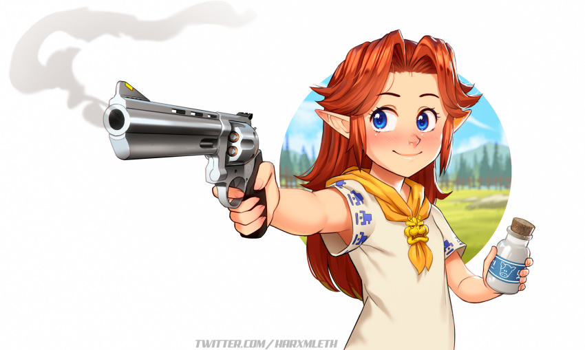 1girl absurdres arm_up artist_name blue_eyes blush bottle child closed_mouth commentary cork dress english_commentary finger_on_trigger flat_chest gun hair_intakes hand_up handgun happy highres holding holding_gun holding_weapon long_hair looking_to_the_side malon mathias_leth milk neckerchief nose_blush orange_neckerchief outstretched_arm pointy_ears redhead revolver short_sleeves sidelocks simple_background smile smoke smoking_gun solo the_legend_of_zelda the_legend_of_zelda:_ocarina_of_time twitter_username upper_body watermark weapon white_background white_dress