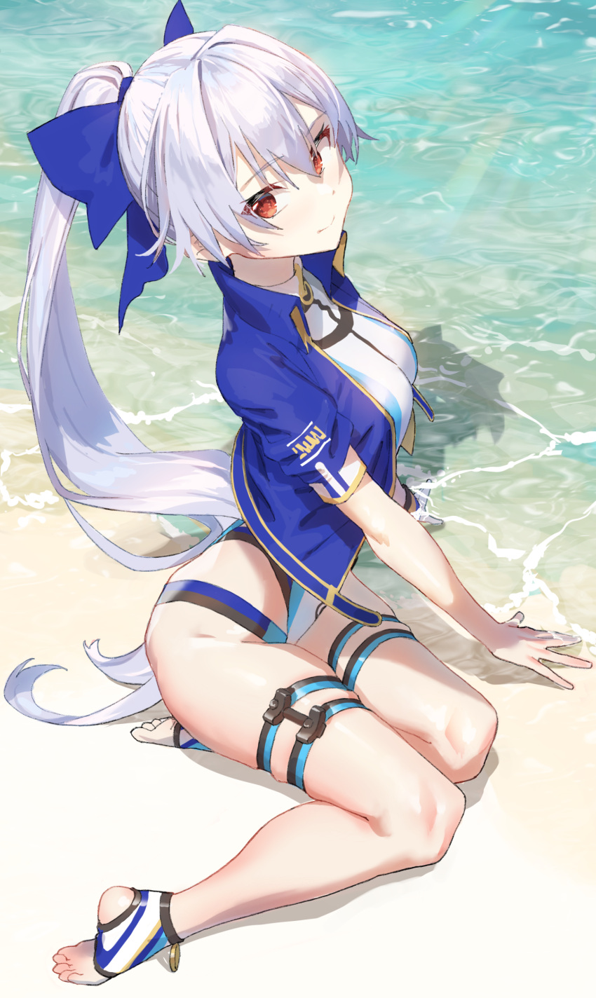 1girl absurdres arm_support bangs beach blue_bow blue_jacket bow breasts closed_mouth cropped_jacket fate/grand_order fate_(series) full_body hair_between_eyes highleg highleg_swimsuit highres jacket long_hair looking_at_viewer multicolored_clothes multicolored_swimsuit one-piece_swimsuit open_clothes open_jacket outdoors ponytail red_eyes sand shore short_sleeves silver_hair sitting smile solo swimsuit thigh_strap thighs tomoe_gozen_(fate) tomoe_gozen_(swimsuit_saber)_(fate) two-tone_swimsuit very_long_hair xkirara39x yokozuwari