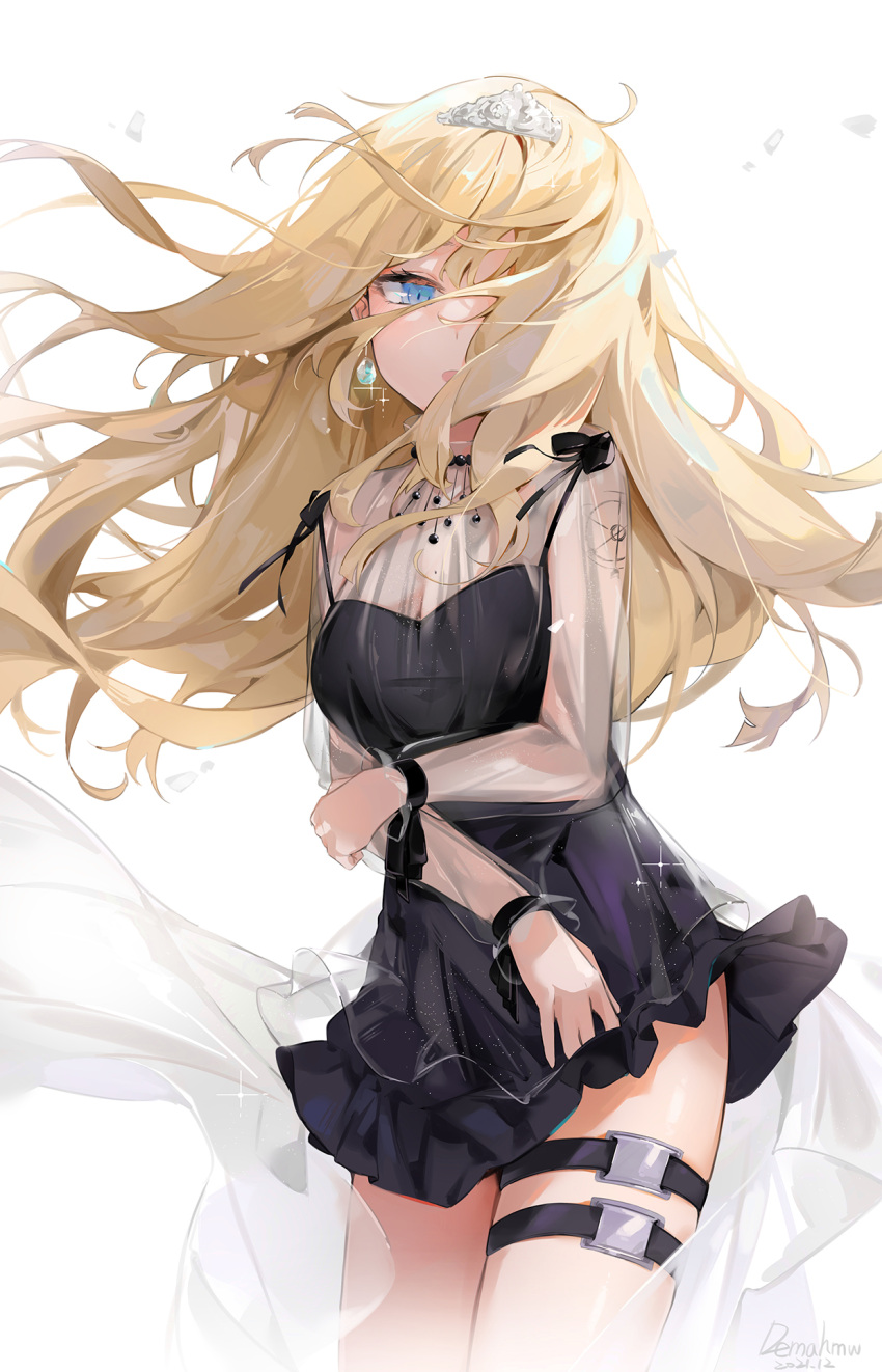 1girl black_dress blonde_hair blue_hair breasts dema_hmw dress earrings floating_hair highres hololive hololive_english jewelry long_hair mole mole_on_breast official_alternate_costume see-through see-through_dress simple_background solo thigh_strap very_long_hair virtual_youtuber watson_amelia white_background