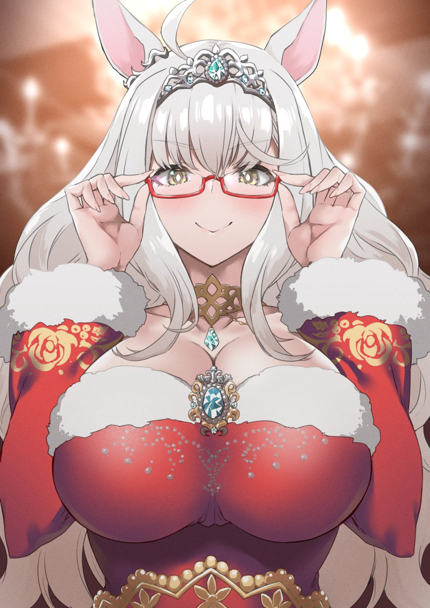 1girl animal_ears bangs biwa_hayahide_(umamusume) blush breasts commentary_request eyebrows_visible_through_hair glasses hair_between_eyes hair_ornament highres horse_ears horse_girl huge_breasts jewelry large_breasts long_hair looking_back morimoto_kiyona tiara umamusume white_hair