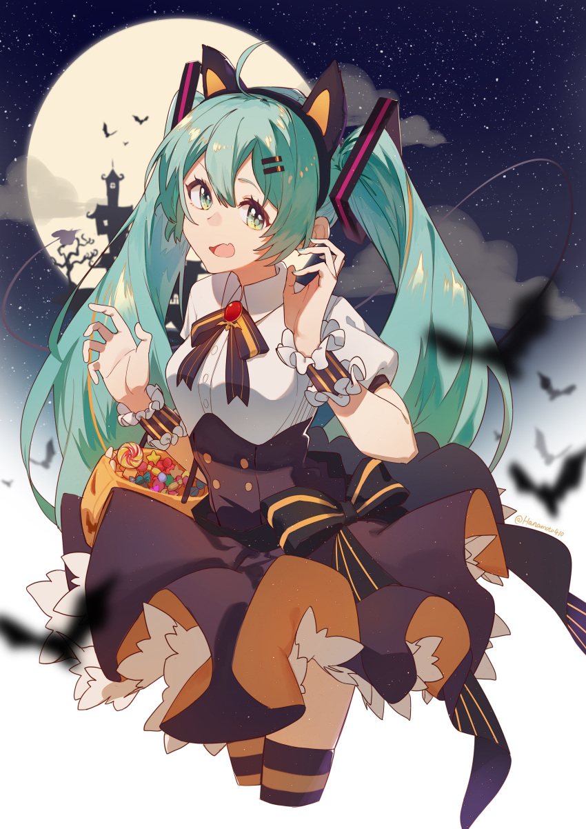 1girl absurdres animal_ears bag bat black_skirt blue_eyes blue_hair blurry blurry_foreground bow bowtie candy cat_ears chinese_commentary collared_shirt commentary_request cropped_legs fake_animal_ears fang food hair_ornament hairclip halloween hands_up hatsune_miku highres hua_ben_wuming long_hair looking_at_viewer moon open_mouth orange_skirt petticoat puffy_short_sleeves puffy_sleeves purple_bow purple_bowtie shirt short_sleeves silhouette skin_fang skirt sky solo star_(sky) starry_sky striped striped_legwear thigh-highs twintails twitter_username two-sided_fabric two-sided_skirt vocaloid white_shirt wrist_cuffs