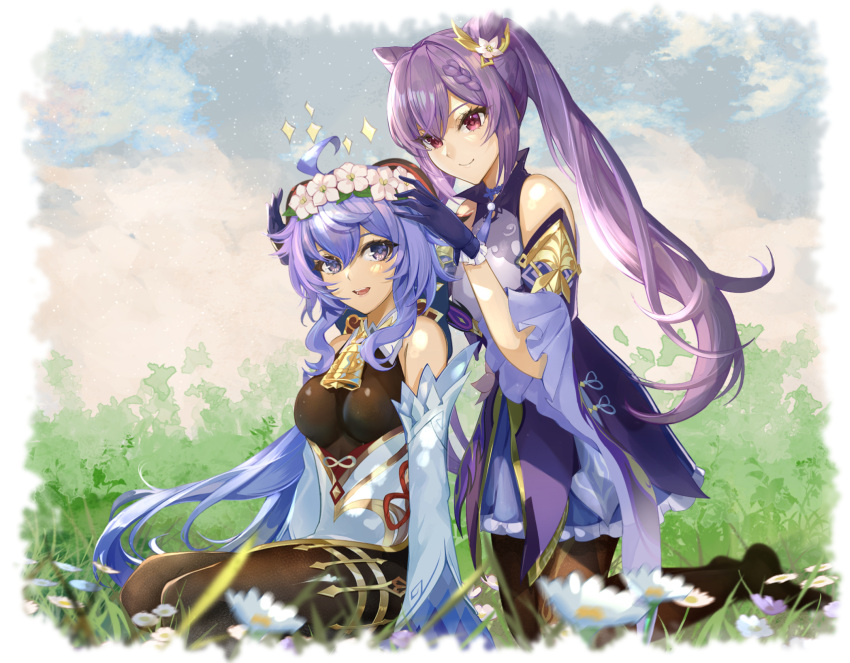 2girls ahoge bangs bare_shoulders bell black_legwear blue_gloves blue_hair blush breasts detached_sleeves dress field flower flower_field flower_knot ganyu_(genshin_impact) genshin_impact gloves gold_trim hair_cone hair_flower hair_ornament highres horns keqing_(genshin_impact) kneeling long_hair medium_breasts multicolored_eyes multiple_girls neck_bell no_shoes okura_shito okurasito open_mouth outdoors pantyhose purple_dress purple_hair purple_sleeves qingxin_flower sidelocks sitting smile sparkle thighlet twintails violet_eyes white_flower white_sleeves