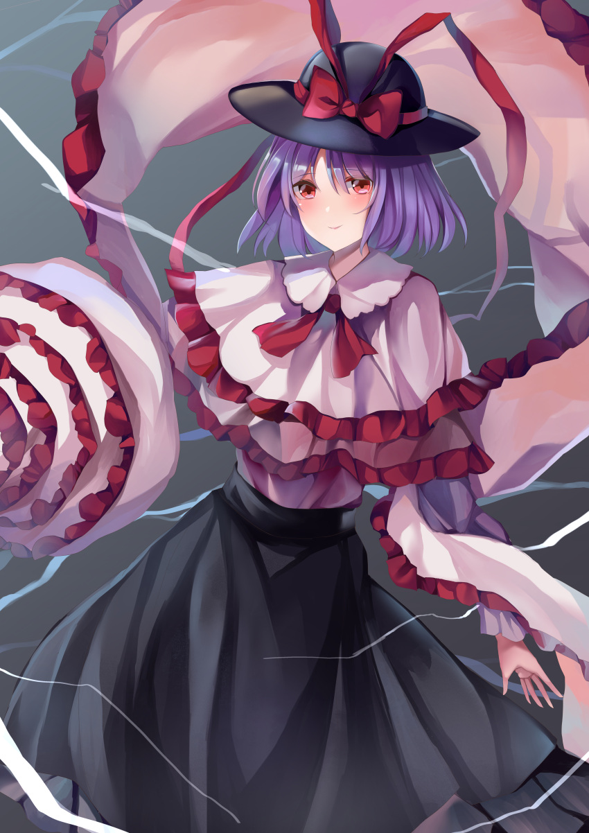 1girl absurdres black_headwear black_skirt blue_hair blush capelet closed_mouth drill electricity eyebrows_visible_through_hair frilled_capelet frilled_shawl frills hagoromo hat hat_ribbon highres koizumo long_sleeves nagae_iku red_eyes red_ribbon ribbon shawl shirt short_hair skirt smile solo touhou white_capelet white_shirt