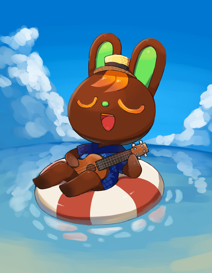 1boy absurdres acoustic_guitar afloat animal_crossing animal_ears animal_nose bangs barefoot blue_shirt blue_sky body_fur brown_fur buttons closed_eyes clouds collared_shirt commentary_request day fisheye full_body furry furry_male guitar hand_up happy hat highres holding holding_instrument horizon instrument lifebuoy male_focus minamo_(pixiv17726065) mini_hat music o'hare_(animal_crossing) ocean open_mouth orange_hair outdoors partial_commentary pineapple_print playing_instrument rabbit_boy rabbit_ears shirt short_hair short_sleeves singing sky smile solo straw_hat teeth u_u water yellow_headwear