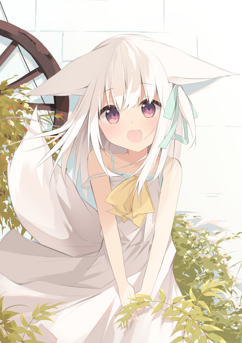 1girl :d animal_ears bangs bare_arms bare_shoulders blush bow brown_eyes collarbone commentary_request dress eyebrows_visible_through_hair fox_ears fox_girl fox_tail green_ribbon hair_between_eyes hair_ribbon highres kushida_you long_hair looking_at_viewer one_side_up original ribbon sleeveless sleeveless_dress smile solo strap_slip tail very_long_hair white_dress white_hair yellow_bow