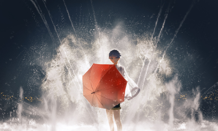 1boy absurdres backlighting bangs blurry cloak cmpovar copyright_request depth_of_field dust_cloud grey_hair highres holding holding_umbrella looking_at_viewer night outdoors red_umbrella see-through see-through_silhouette short_hair shorts snowing solo standing umbrella wide_shot
