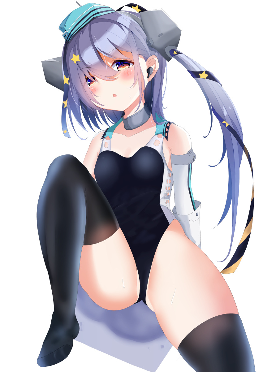 1girl absurdres aqua_headwear aruka0807 black_legwear black_ribbon black_swimsuit competition_swimsuit elbow_gloves garrison_cap gloves grey_hair hair_ornament hair_ribbon hat highleg highleg_swimsuit highres kantai_collection long_hair one-piece_swimsuit red_eyes ribbon scamp_(kancolle) side_ponytail simple_background sitting solo star_(symbol) star_hair_ornament swimsuit thigh-highs white_background white_gloves