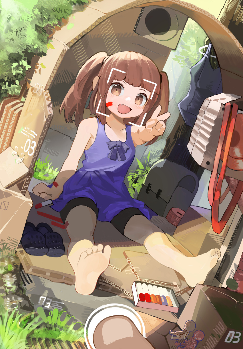 1girl absurdres barefoot bow box brown_eyes brown_hair cardboard cardboard_box child clothes_hanger commentary copyright_request crocs doll dress ears_visible_through_hair fang fang_out grass highres looking_at_viewer marker menthako no_nose parody plant school_swimsuit shoes short_twintails soles solo swimsuit taking_picture toes twintails user_interface v viewfinder