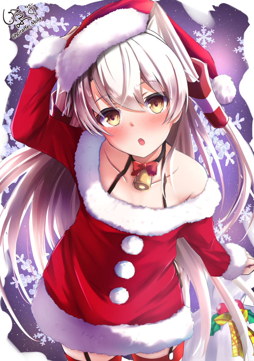 1girl absurdres amatsukaze_(kancolle) animal_ears bell blush breasts brown_eyes christmas collar commentary_request dress fur_trim giraffe_(ilconte) hair_tubes hat highres kantai_collection long_hair neck_bell red_dress santa_costume santa_hat silver_hair small_breasts two_side_up windsock