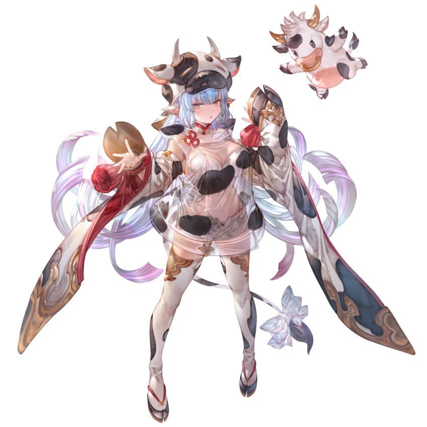 1girl animal_costume animal_ears animal_print blue_hair bow catura_(granblue_fantasy) cow cow_costume cow_ears cow_girl cow_hat cow_hood cow_horns cow_print cow_tail draph ear_piercing full_body gradient_hair granblue_fantasy horns micro_shorts minaba_hideo multicolored_hair official_art piercing purple_hair sheer_clothes shorts simple_background tail thigh-highs transparent_background violet_eyes white_shorts
