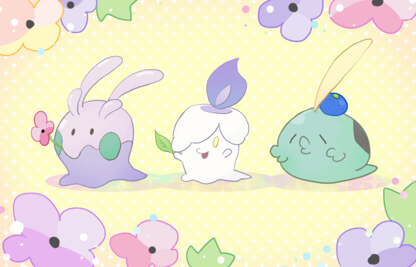 berry_(pokemon) black_eyes closed_eyes commentary_request dabu_(dabuchan) fire flower goomy gulpin holding holding_leaf leaf litwick mouth_hold no_humans o3o open_mouth pink_flower pokemon pokemon_(creature) purple_fire smile yellow_eyes