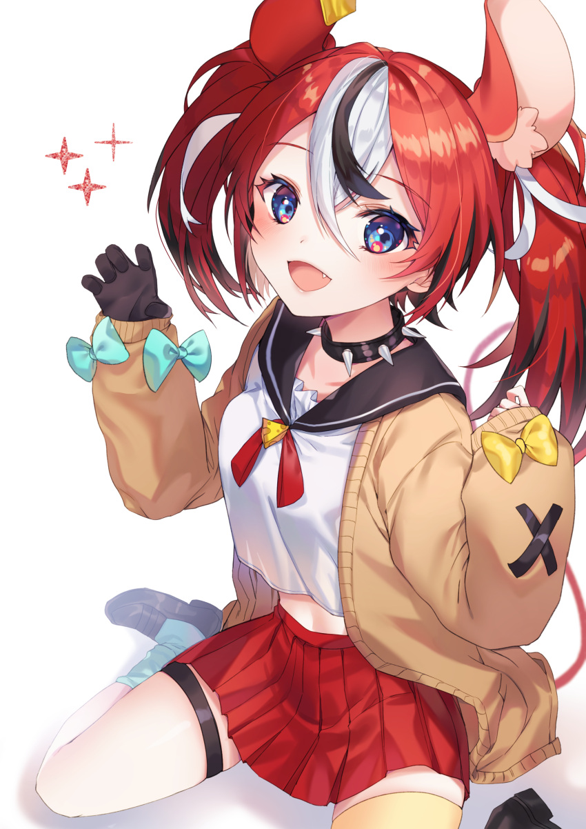 1girl absurdres animal_ears black_collar black_footwear black_gloves black_hair black_sailor_collar blue_bow blue_eyes blue_legwear bow brown_cardigan cardigan collar commentary crop_top dabi_(dabibubi) fang gloves hakos_baelz hands_up highres hololive hololive_english loafers long_sleeves mouse_ears mouse_girl mouse_tail multicolored_hair open_cardigan open_clothes pleated_skirt puffy_long_sleeves puffy_sleeves red_skirt redhead sailor_collar school_uniform serafuku shirt shoes single_glove single_sock single_thighhigh sitting skirt sleeves_past_wrists socks solo sparkle spiked_collar spikes tail thigh-highs twintails two-tone_hair virtual_youtuber wariza white_background white_hair white_shirt yellow_bow yellow_legwear
