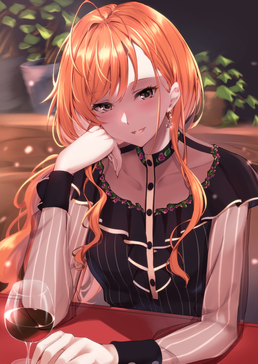 1girl arisugawa_natsuha blurry blurry_background blush breasts cup drinking_glass earrings flower_pot head_rest highres idolmaster idolmaster_shiny_colors jewelry kagari_leroy long_hair long_sleeves looking_at_viewer open_mouth orange_hair see-through sitting small_breasts solo upper_body wine_glass