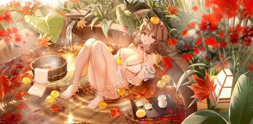 1girl :o afloat alcohol animal_ears autumn_leaves bamboo_fence bangs barefoot basin bath bathing blurry blush bra breasts brooch brown_hair bucket character_request choker choko_(cup) clouble convenient_leg cup day depth_of_field eyebrows_visible_through_hair falling_leaves fence flower food food_on_head fruit fruit_on_head hair_ornament hair_tubes highres holding holding_food holding_fruit jewelry knees_up lace-trimmed_bra lace_trim lantern large_breasts leaf long_hair looking_at_viewer maple_leaf nature object_on_head partially_submerged reclining red:_pride_of_eden rock sake shawl sidelocks solo steam strap_gap tokkuri towel tray underwear underwear_only water water_drop wet wet_hair white_bra white_flower wooden_bucket yellow_eyes yuzu_(fruit) yuzu_bath