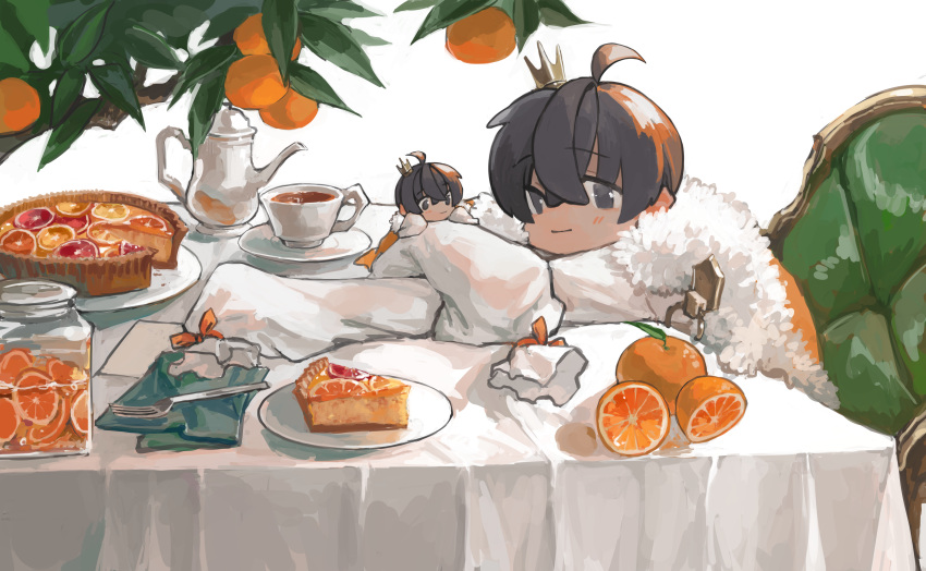 2boys absurdres ahoge bangs black_eyes black_hair bow chair commentary_request crown cup eyebrows_visible_through_hair fatalbug896 feather_boa food fork fruit hair_between_eyes highres leaning_on_table long_sleeves looking_at_viewer male_focus mini_crown miniboy multiple_boys napkin orange_(fruit) orange_bow orange_slice orange_tree original shirt simple_background sitting sleeve_bow sleeves_past_fingers sleeves_past_wrists smile sweets table tablecloth tart_(food) teacup teapot tied_sleeves tree white_background white_shirt
