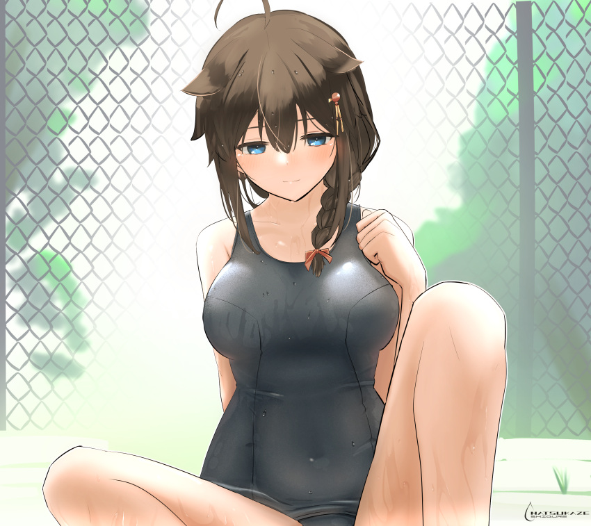 1girl absurdres ahoge black_hair black_swimsuit blue_eyes braid breasts chain-link_fence feet_out_of_frame fence hair_flaps hair_ornament hair_over_shoulder highres kantai_collection looking_down medium_breasts remodel_(kantai_collection) school_swimsuit shigure_(kancolle) sigure-zzzz single_braid sitting solo swimsuit