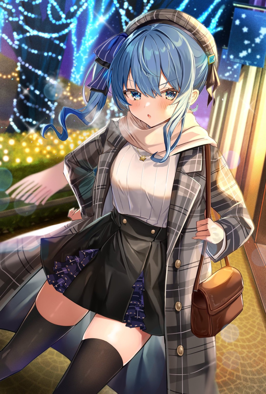 1girl alternate_costume bag beret black_legwear blue_eyes blue_hair bow casual christmas_lights coat dutch_angle hair_bow handbag hat high-waist_skirt highres hololive hoshimachi_suisei jewelry looking_at_viewer necklace open_mouth satoupote scarf side_ponytail skirt solo thigh-highs virtual_youtuber zettai_ryouiki